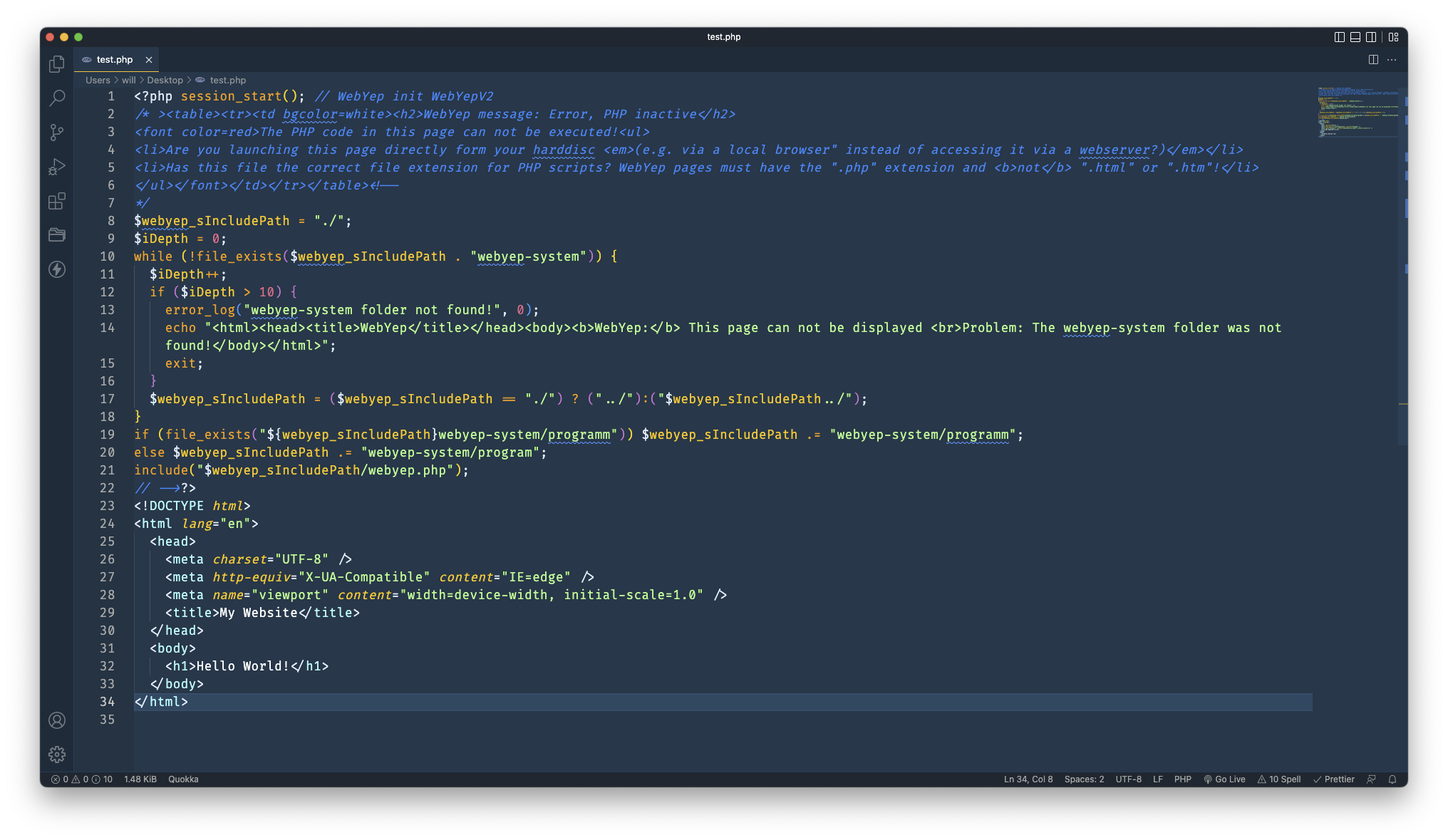 The view of a an HTML document open in VS Code, with the Init Code correctly placed at the top of the web page.